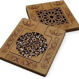 Jagannath Enterprises Small Square Wooden Handleheld Beauty Makeup Pocket Mirror Set of 2 for Travel, Dressing Table, Bathroom - Engraved Floral Design (2.5 Inches)-13