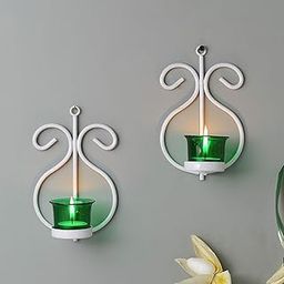 homesake Homesake® Set of 2 Decorative White Wall Sconce/Candle Holder with Glass and Free T-Light Candles (Green)-picture-9