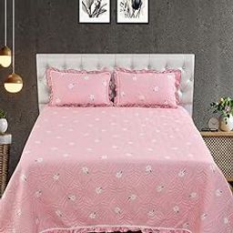 BREVARD Luxury & Premium Glace Cotton Self Printed Bed Cover Frill Border - 2 Pillow Covers All Season Ultrasonic Lightweight Bedspreads/Bed Cover(Queen Size - 90x100 Inches, Pink)-image-34