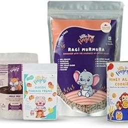 LITTLE FINGERS Healthy Snacks Combo [HONEY ALMOND COOKIES + RAGI CHOCOLATE MILK MIX + RAGI MURMURA + CLASSIC PANCAKE PREMIX] No Maida | No Refined Sugar | School Tiffin and Travel Friendly-67
