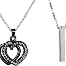 Anniversary Gift For Couple Heart Stoned Neck Pendant With Cuboid Bar Men's Pendant For Couple (Pack Of 2)-image-34