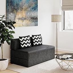 uberlyfe 2 Seater Sofa Cum Bed | Jute Fabric Washable Cover | 2 Cushions Zigzag Pattern | Dark Grey | 4' X 6' Feet-image-64