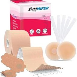 Boob Tape Kit - Instant Boob Tape with 10 Nipple Pasties for Fashion with 36 Strips Double Sided Tape for Clothes &1 Pair Reusable Nipple Cover for Women (Beige)-image-92