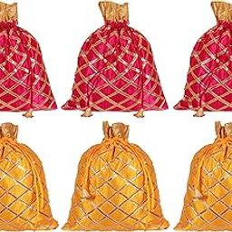 Potli Bags Handbags for Women Gifting Wristlets for Wedding, Festival, Kitty Subh Shagun (Pink & Yellow)-image-96