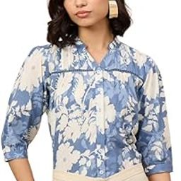 Women's Cotton Mandarin Collar 3/4 th Sleeve Floral Casual & Elegant Western Top-image-21
