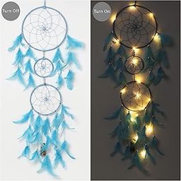 ILU® Dream Catcher with Lights, Wall Hangings, Crafts, Home Décor, Handmade for Bedroom, Balcony, Garden, Party, Café, Decoration, Wedding, Decorative, Blue Feathers (17 cm Diameter)-20