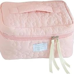 Sprqcart Quilted Cotton Makeup Bag for Women – Large Capacity Travel Cosmetic Organizer with Zipper – Cute Floral Toiletry Pouch – Handheld Portable Multifunctional Storage Purse-image-81