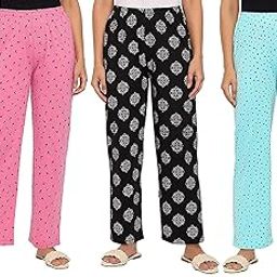 Women's Cotton Printed Pyjama/Women's Lounge Pants/Night Pants Multicolored for Women Combo Pack of 3 (Pink Black & Sky Blue)-image-55