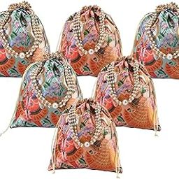 Kuber Industries 6 Pcs Potli Bag For Women & Girls With Pearl Handles | 8x9 Inch Gifting Handbag/Purse - Ideal For Party, Wedding & Events | Radha Krishna Print - Peach & Green-image-22