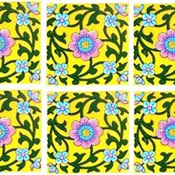 Blue Pottery Home Decorative Ceramic Wall Hanging Tile Design Flooring Tiles Floral Kitchen Washroom Mosaic Furniture Tile Handmade Backsplash 4 x 4 Inches (Pack of 6, Multicolor)-image-72