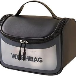 Amso Cosmetic Bag Waterproof Portable Transparent Travel Toiletry Organizer Bag with Zipper and Handle Wash Bag for Women and Girls (Black)-image-19