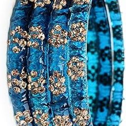 Traditional Glass Bangles Set with Crystal Flower Design Pieces of 4 For Women (Blue, 2.8)-7