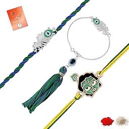 Family Rakhi Set Combo of Peacock-Feather-Shaped and Bal Krishna for Bhaiya Bhabhi and Bhatija with Meena Work Enamel (RCOLB1105856M)-image-54