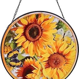 Wkyqes Sunflower Handmade Stained Glass Window Hanging Suncatcher with Chain - 7.9" Outdoor/Indoor Art Decor for Home Garden, Wedding, Mother's, Valentine's & Christmas Ornaments Present-image-69