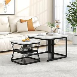 ECONODECOR Modern Wood & Metal Marble Finish Look Set of Coffee Table 2 Piece, Stacking Tea Table Stylish Sofa Center Table with Open Storage Shelf Perfect for Living Room (Black & White)-picture-18