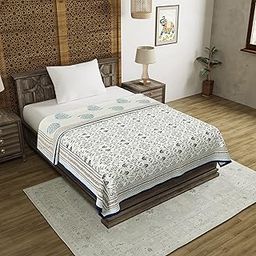 BLOCKS OF INDIA Hand Block Printed Cotton Single Size Reversible Malmal Dohar For Summer (Grey Jaal), 300 TC-10