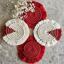 My Creative Hut Macrame Set of 4 Round Coasters Bohemian Style, Handmade, More Absorbent, Traditional, Diwali Gifting, Multipurpose, Big Size (White Red)-image-67