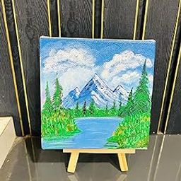 Mountain Lake Landscape Original Hand-Painted Canvas, 5 x 5 inches, Acrylic Art with Display Stand-image-2