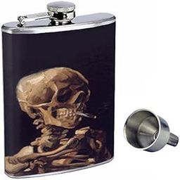 Vincent Van Gogh Skull Smoking Perfection In Style 8oz Stainless Steel Whiskey Flask with Free Funnel D-179-image-10