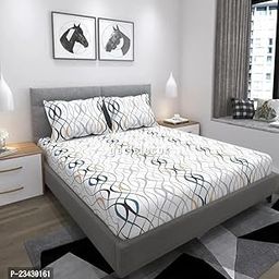 New Town Cotton Feel Glace Cotton Elastic Fitted Printed King Size Double Bed Bedsheet with 2 Pillow Covers and Fits Upto 8 inches Mattress, Size- 72"x78" Saffro 99-image-90