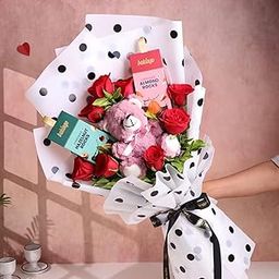 FlowerAura Romantic Bouquet of 8 Red Roses, Teddy, Almonds & Hazelnut Rocks For Birthday & Anniversary Gift, Valentine Day & Rose Day Gift For Boyfriend, Girlfriend, Wife & Husband (Same Day Delivery)-image-34