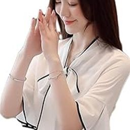 Women's White Bow-Tie Blouse with Bell Sleeves, Black Piping Trim, Elegant Office Wear Top-picture-16