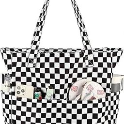 Cery Teacher Tote Bag for Women Office Work Multipurpose Shoulder with Zipper Pocket Travel Grocery Beach Hobo Waterproof Sandproof Lightweight Pool (Black Qube Checks)-image-95