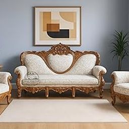 UNIQUE WOOD ART Victorian Style Living Room Sofa Set, 5 Seater, with White Upholstery, Luxury Hand-Carved Wooden Sofa Set | 3 Seater Sofa with 2 Single Chairs | Floral Fabric | Royal Look Furniture-image-9