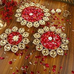 N N Creation Antique Flower Decorative Urli Bowl for Home Handcrafted Bowl for Floating Flowers and Tea Light Candles Home,Office and Table Decor| Diwali Decoration Items, (Peacock urli Set of 3)-image-97