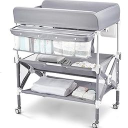 Babevy Portable Baby Changing Table, Foldable Diaper Change Table with Wheels, Adjustable Height, Cleaning Bucket, Changing Station for Infant Mobile Nursery Organizer for Newborn (Light Grey)-image-61