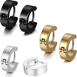 karishma kreations Valentine jewellery Stainless Steel Mens Earrings Combo Black Gold Silver Piercing Screw Bali Stud Hoops Earing Multicolor Earrings Combo for men boys Unisex-picture-46