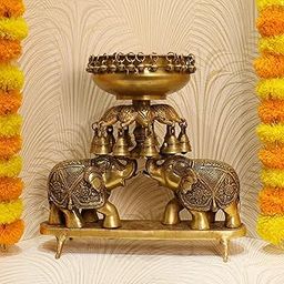 Sacred Needs Brass Elephant Urli with Hanging Bell – 14.1 Inch Decorative Bowl for Floating Flowers, Pooja and Festive Decor-image-49