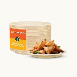 ECO SOUL [9 inch, 50 Pack Disposable Bagasse Plates | Eco-Friendly, Biodegradable, Sugarcane Paper Plates | for Serving Snacks | Birthday, Wedding & Party | Round, Beige (23 cm)-3