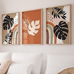 VIBBES Modern Botanical Wall Art Set, 3-Piece Framed Abstract Monstera Leaf Prints, Black & Orange Color - Large 20x14 Inch-image-29