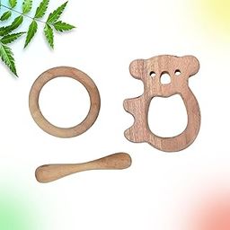 Antoyz Natural Neem Wood Baby Teething Set, Bird Ring Teether and Dumble, 3 Pieces (Stick + Ring + Koala)-1