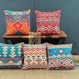 Shopping Tree Tribal Design Printed Canvas Cotton Cushion Cover 16 X16 INCH Sofa, Set of 5 Piece-for Living Room Bedroom-Multicolour New Tribal-picture-18