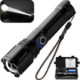 UN1QUE Rechargeable Torch Light High Power, 20000 Lumens Flashlight with 4 Light Modes, Adjustable Focus Torch Lights Rechargeable 2km, IP44 Water-Resistant, Black-image-72