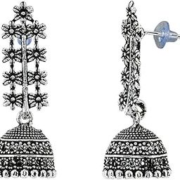 Oxidised Jhumka Earrings Antique Floral Pattern with Textured Dome Inspired by Bohemian Folk Art – Rosvint Collection-image-102