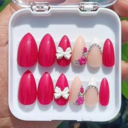 FWS Artificial fake Press On Nails Art Set (Set Of 20) Reusable Nails Extension,BridalNails,Stick-On Nails,Manicure Art Set, AcrylicNails,False Nails,DesignerNails | Nail Glue, Nail file, cuticle pusher, cleaning wipe | Glossy Pink Studded 3D Bow Floral Shape Almond-image-12