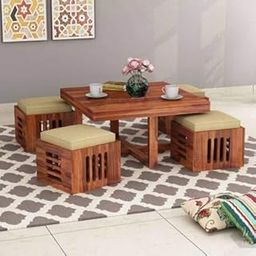 MURALICRAFT Solid Sheesham Wood Coffee Table With 4 Stool|Square Sofa Centre Table|Tea Center Table With 4 Stools For Living Room|Patio Teapoy Table With Four Puffy For Home|Rosewood,Natural Honey-27
