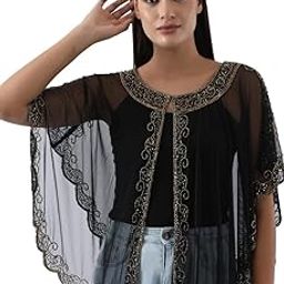 Women's 1920S Short Sleeves Long Poncho Shawl Sequin Beaded Sheer Mesh Capelet Sequined Bolero Jacket-image-22
