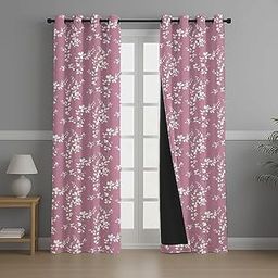 BFAM Floral Print 100% Blackout Curtain with Black Linning at Back, Floral Print Curtains for Living Rooms/BedRooms Thermal Insulated Energy Saving, Pink Flower, 9FT, Set of 1-image-20