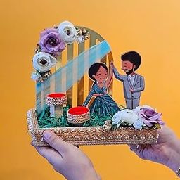 SATYAM KRAFT 1 Pcs Handcrafted Decorative Engagement Ring Platter with Couple Figurines Cutout, Floral Arch & Velvet Ring Holders | Engagement, Wedding/Shaadi, Roka, Mehndi Ceremony Decor-image-41