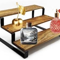 SZHC 3-Tier Wooden Display Shelf, Industrial Style Kitchen Counter Organiser, Black Metal Frame-image-43