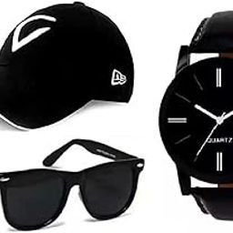 Men's Gift Set: Watch, Cap & Non-Polarized Round Sunglasses Combo - Birthday Present, Pack of 3, 6001, Black-52