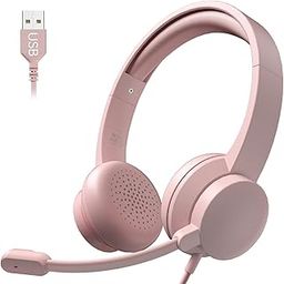 USB Headset with Microphone for PC, Wired Headphones with Mic USB Headset with Noise Cancelling Microphone, Computer Headset with Microphone for Home Office Online Class Teams Skype (Pink)-4