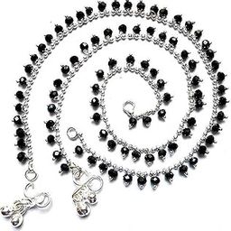 Indian traditional Black Stone Studded Stainless Steel White Metal Payal Leg Chain Anklet for Woman & Girls (Silver)-image-5