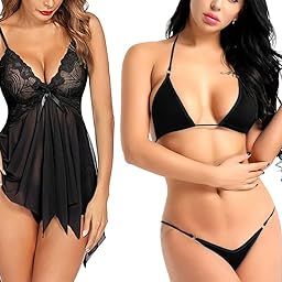 Women's Combo of Polyester Lace Net Babydoll with G-String and 2 Piece Bikini Set X-Small to 2-XL-picture-54