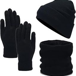 Winter Hat Beanie Hat Scraf Touchscreen Gloves Set Knit Thicken Fleece Cold Weather Gear Warm Thermal Touch Screen Gloves Beanie Scarf Set for men women Black, One Size-image-17