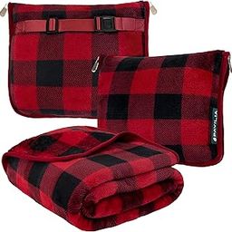 PAVILIA Fleece Travel Blanket Pillow | Large Portable Airplane Blanket with Luggage Strap | 2-in-1 Foldable Blanket for Travel, Use as Blanket for Car, Flight, Work, Camping (Checker Red)-picture-32